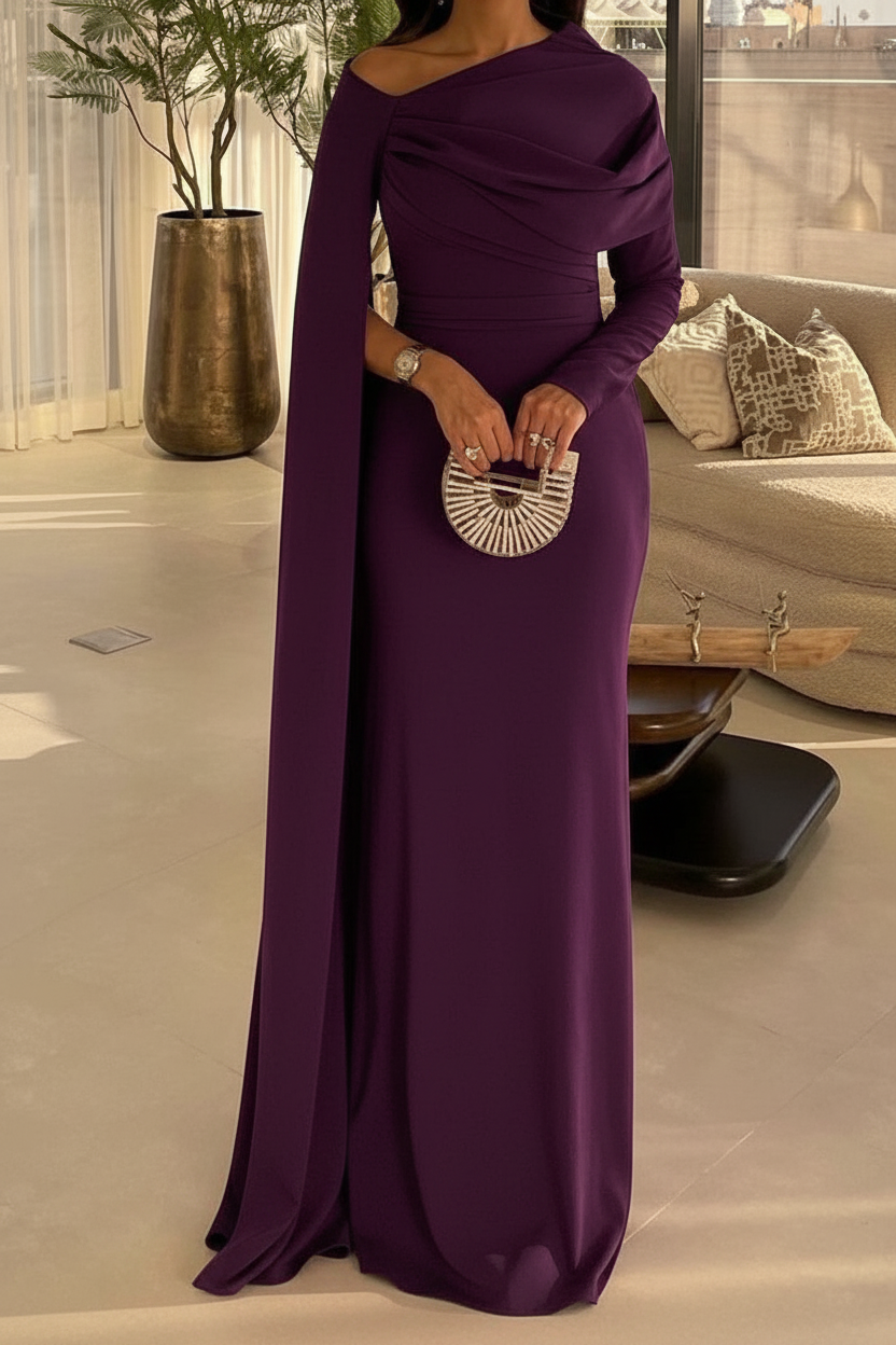 Sheath/Column Floor Length Evening Dresses Long Sleeves Silk Like Satin With Ruched