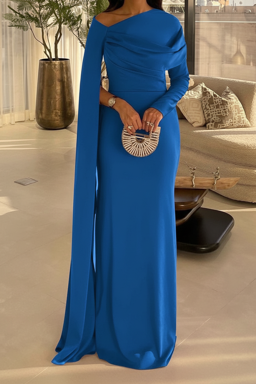 Sheath/Column Floor Length Evening Dresses Long Sleeves Silk Like Satin With Ruched