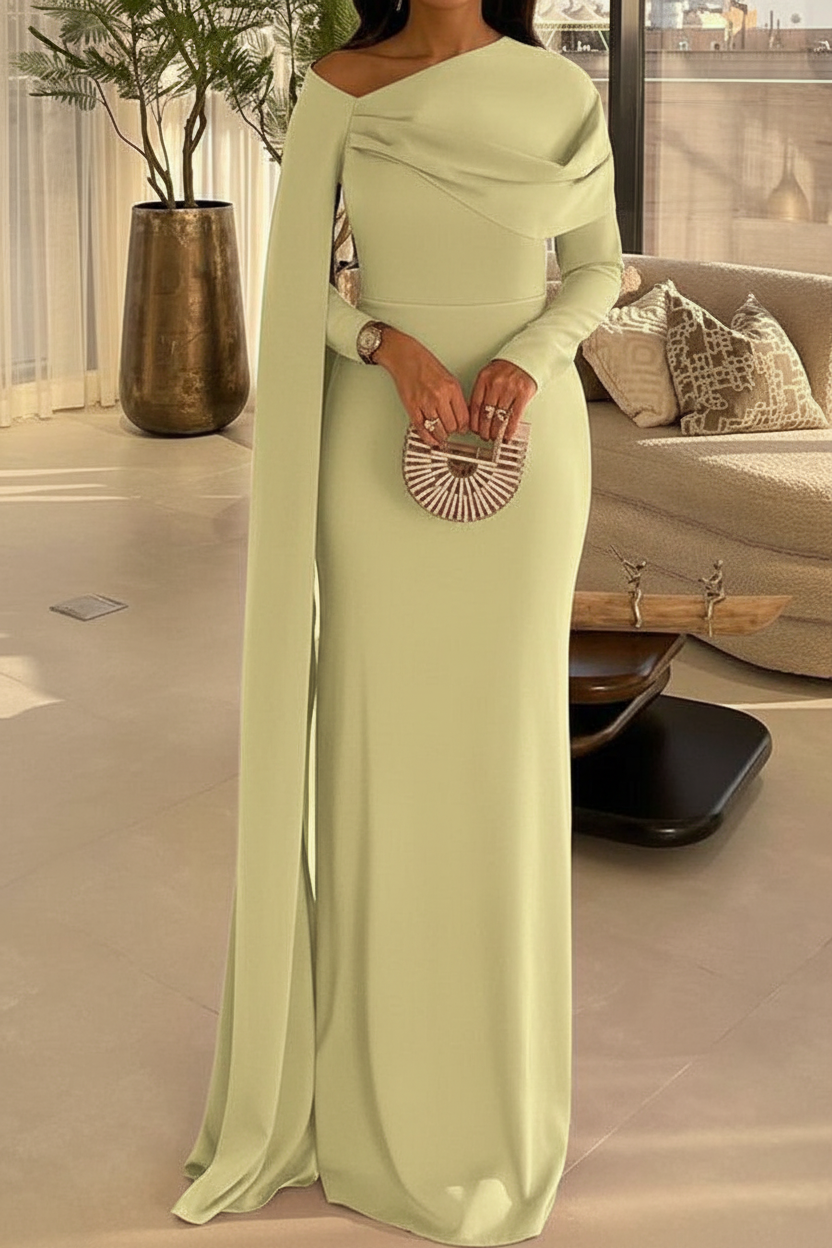 Sheath/Column Floor Length Evening Dresses Long Sleeves Silk Like Satin With Ruched