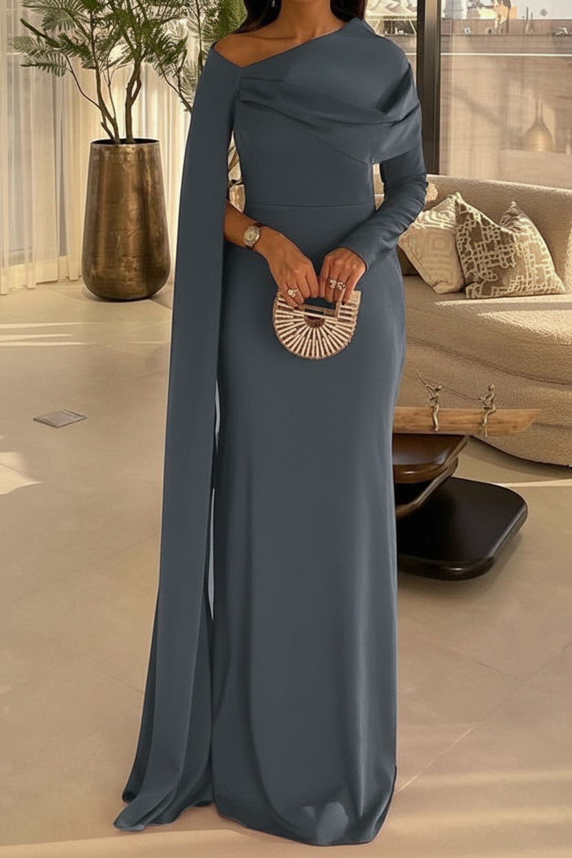 Sheath/Column Floor Length Evening Dresses Long Sleeves Silk Like Satin With Ruched
