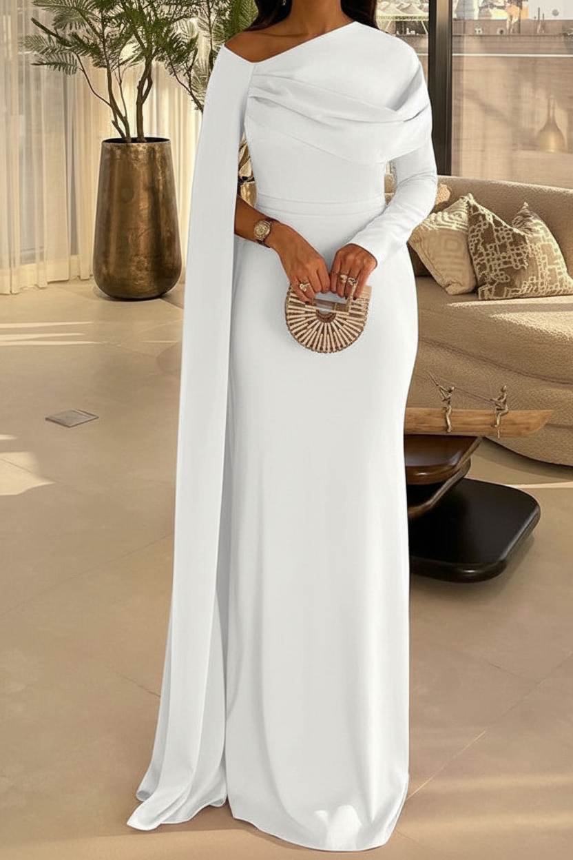 Sheath/Column Floor Length Evening Dresses Long Sleeves Silk Like Satin With Ruched