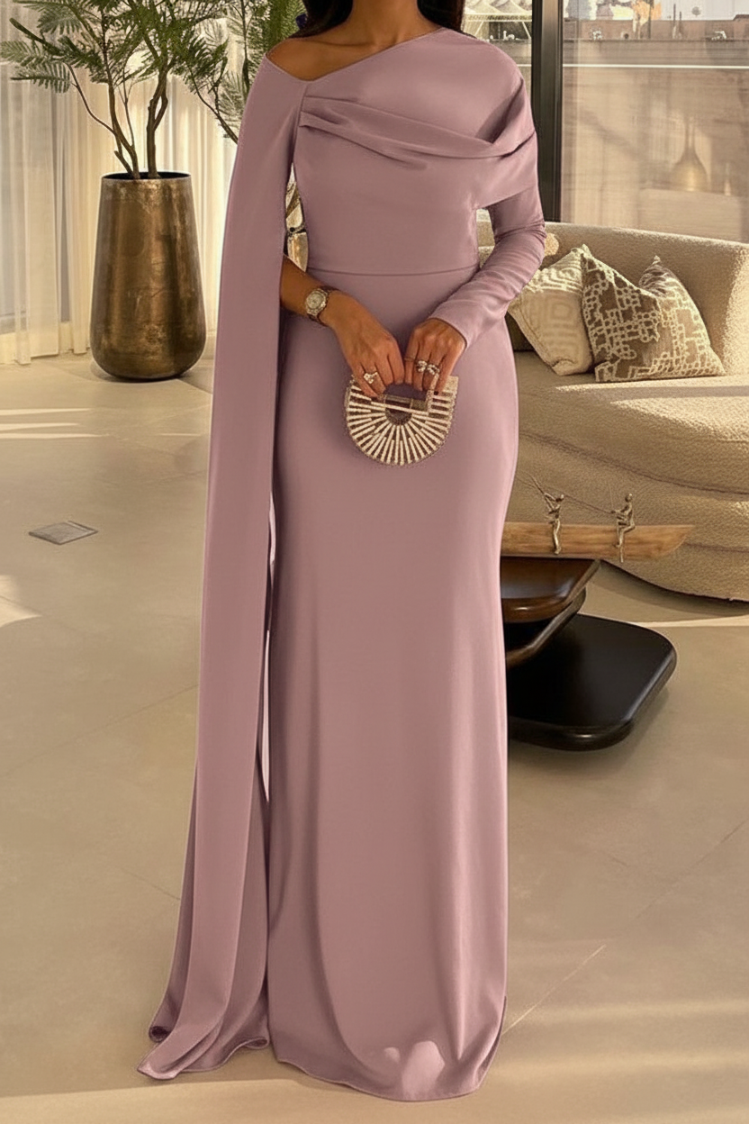 Sheath/Column Floor Length Evening Dresses Long Sleeves Silk Like Satin With Ruched