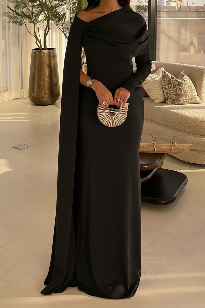 Sheath/Column Floor Length Evening Dresses Long Sleeves Silk Like Satin With Ruched