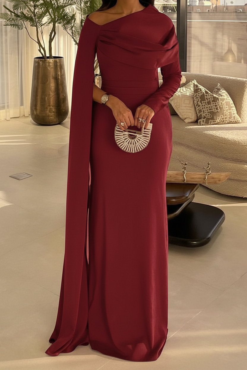 Sheath/Column Floor Length Evening Dresses Long Sleeves Silk Like Satin With Ruched