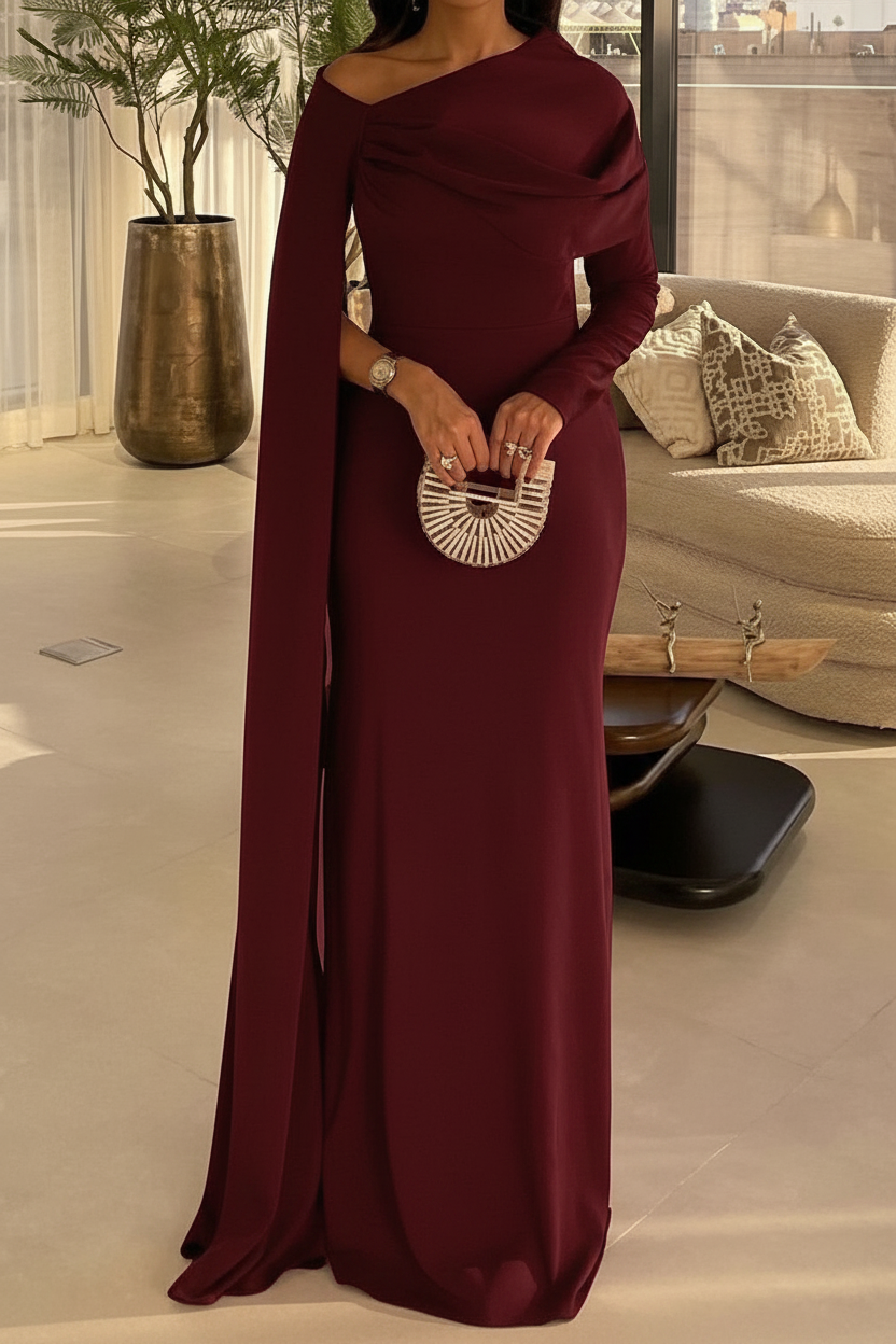 Sheath/Column Floor Length Evening Dresses Long Sleeves Silk Like Satin With Ruched