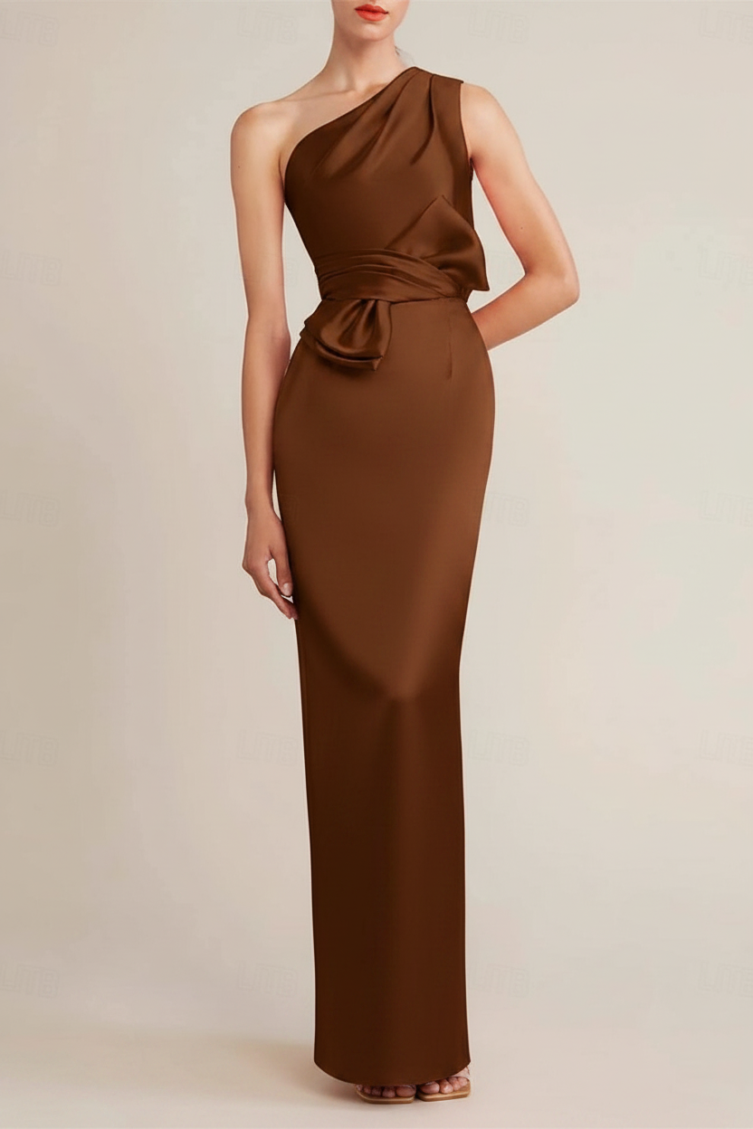 Sheath/Column Floor Length Sleeveless One Shoulder Wedding Guest Dresses Satin with Bow(s) Pocket
