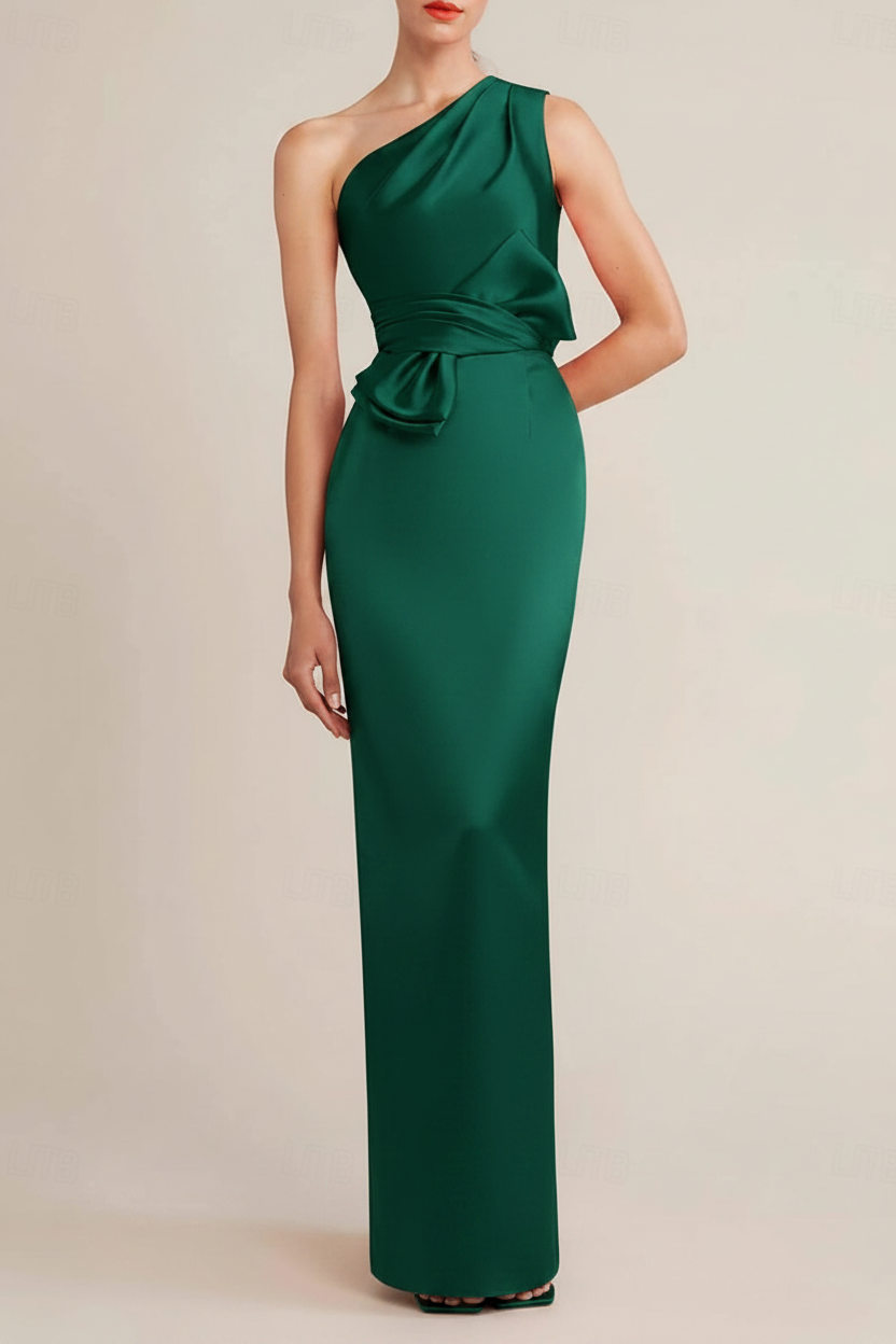 Sheath/Column Floor Length Sleeveless One Shoulder Wedding Guest Dresses Satin with Bow(s) Pocket