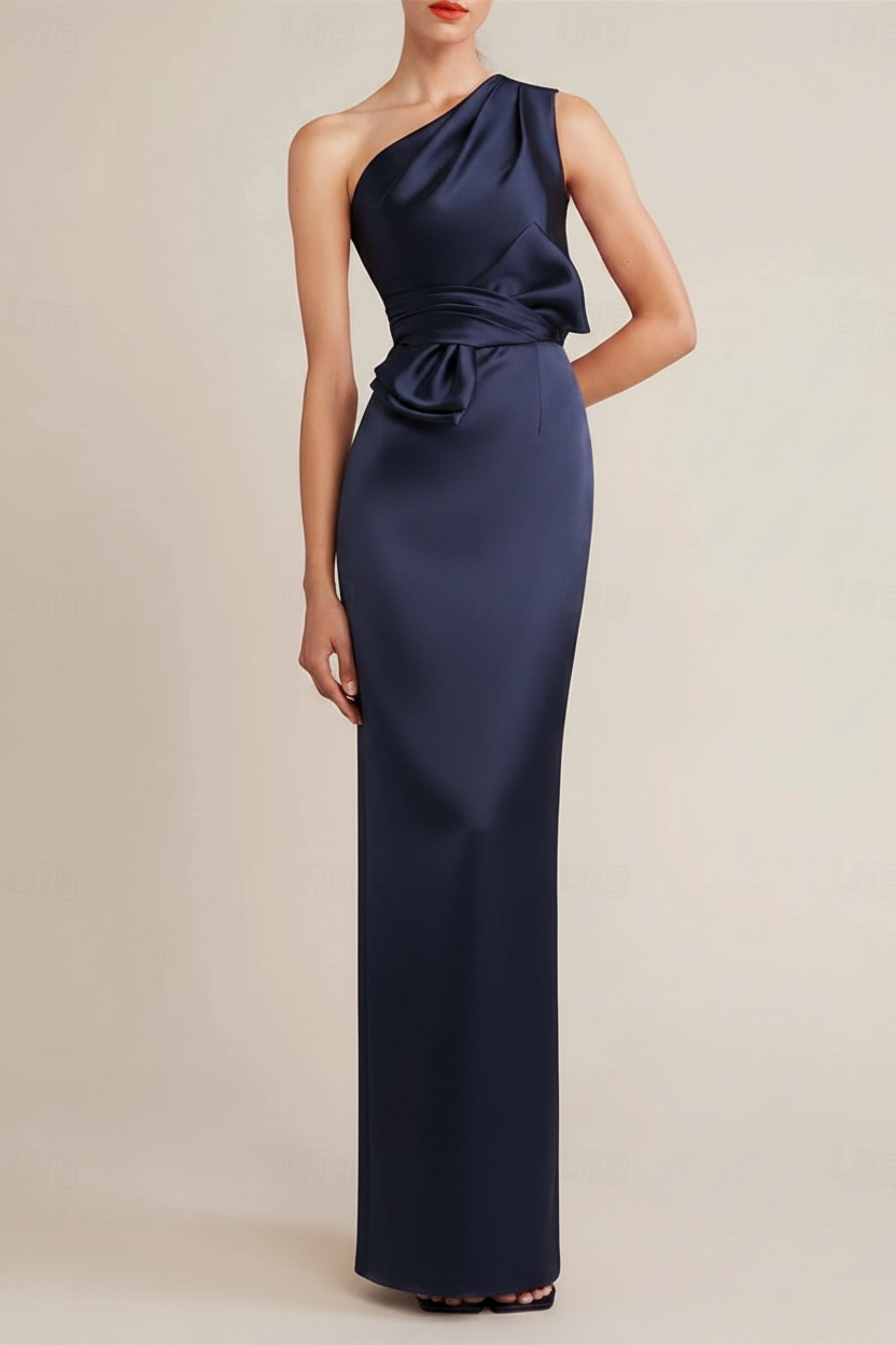 Sheath/Column Floor Length Sleeveless One Shoulder Wedding Guest Dresses Satin with Bow(s) Pocket