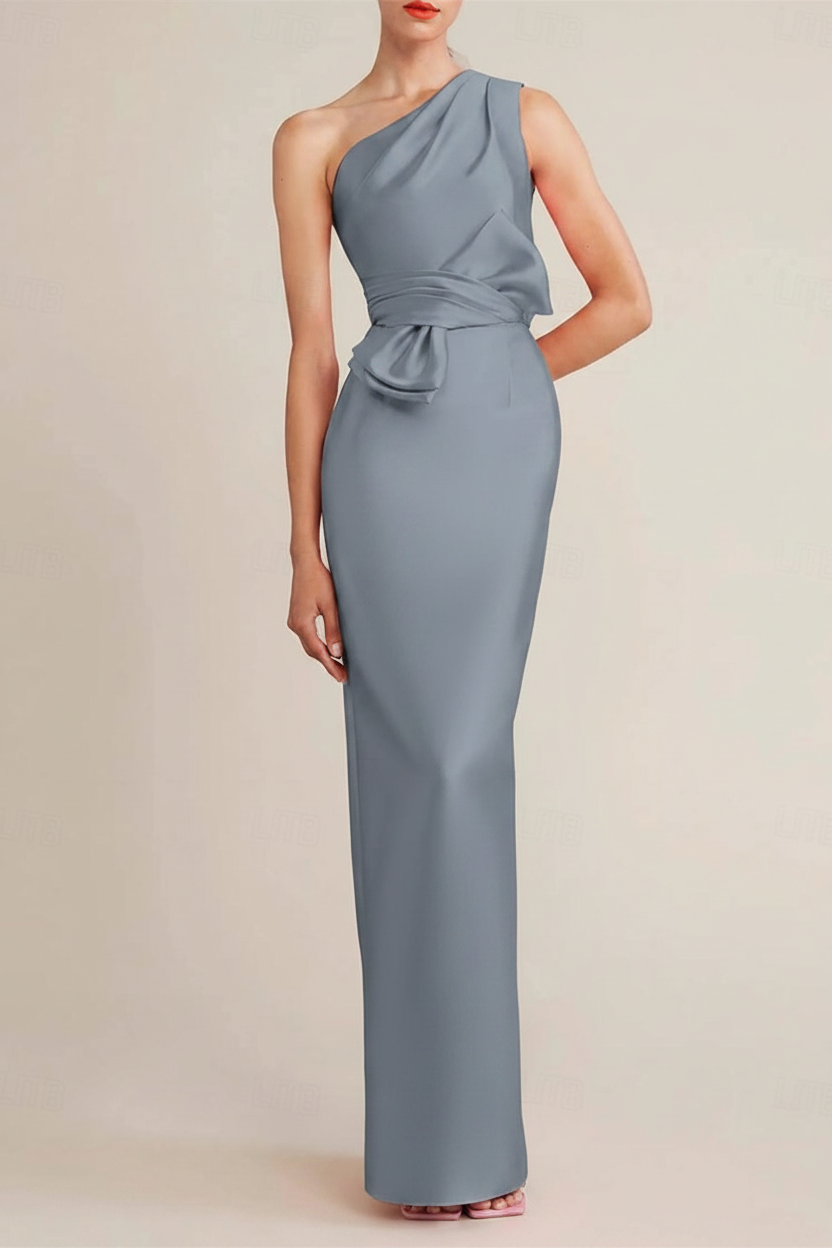 Sheath/Column Floor Length Sleeveless One Shoulder Wedding Guest Dresses Satin with Bow(s) Pocket