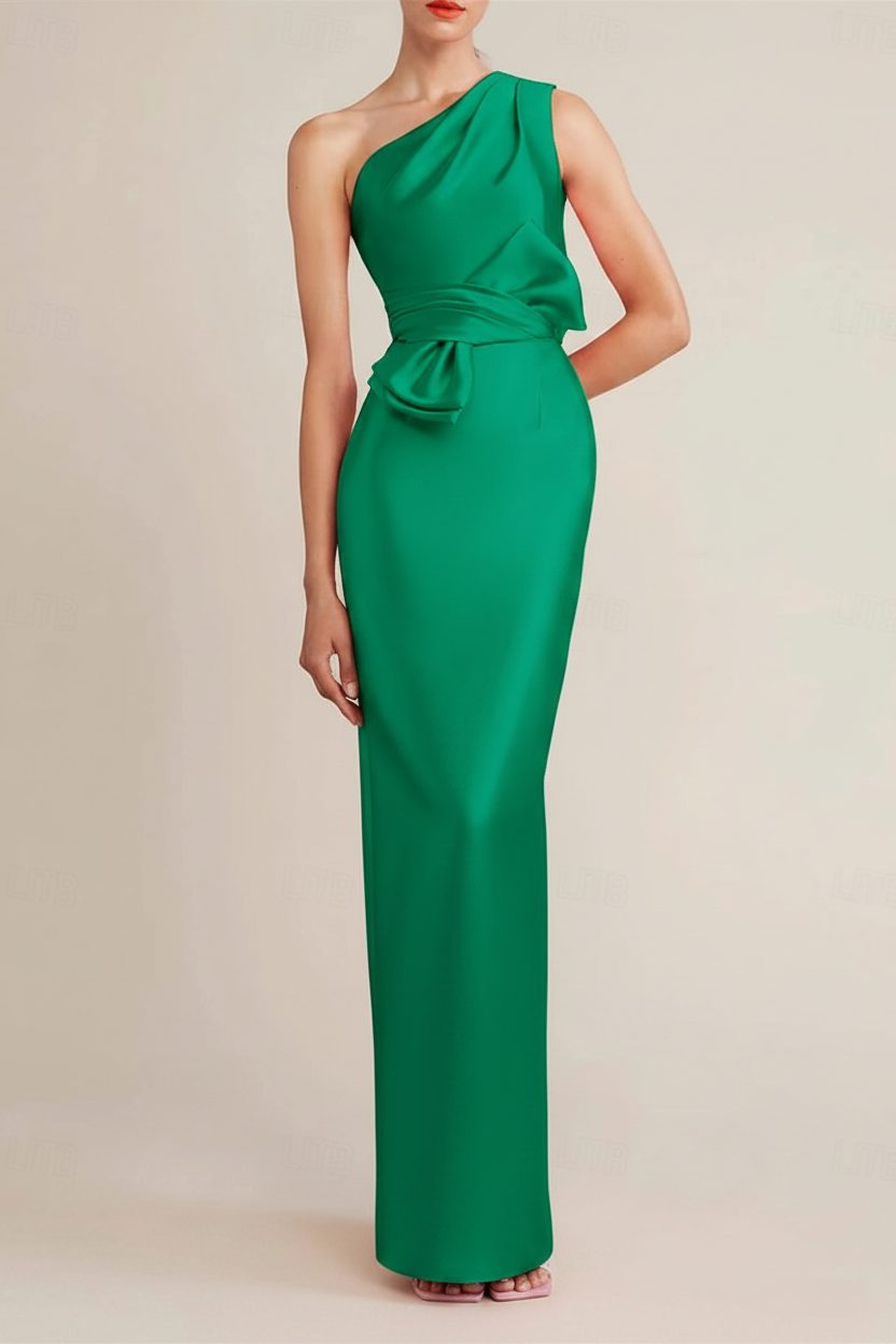 Sheath/Column Floor Length Sleeveless One Shoulder Wedding Guest Dresses Satin with Bow(s) Pocket