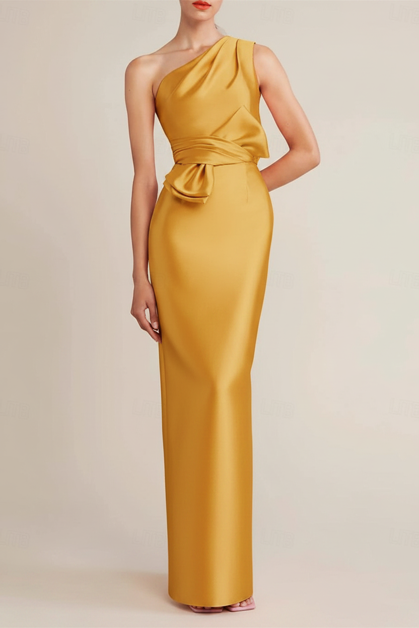 Sheath/Column Floor Length Sleeveless One Shoulder Wedding Guest Dresses Satin with Bow(s) Pocket