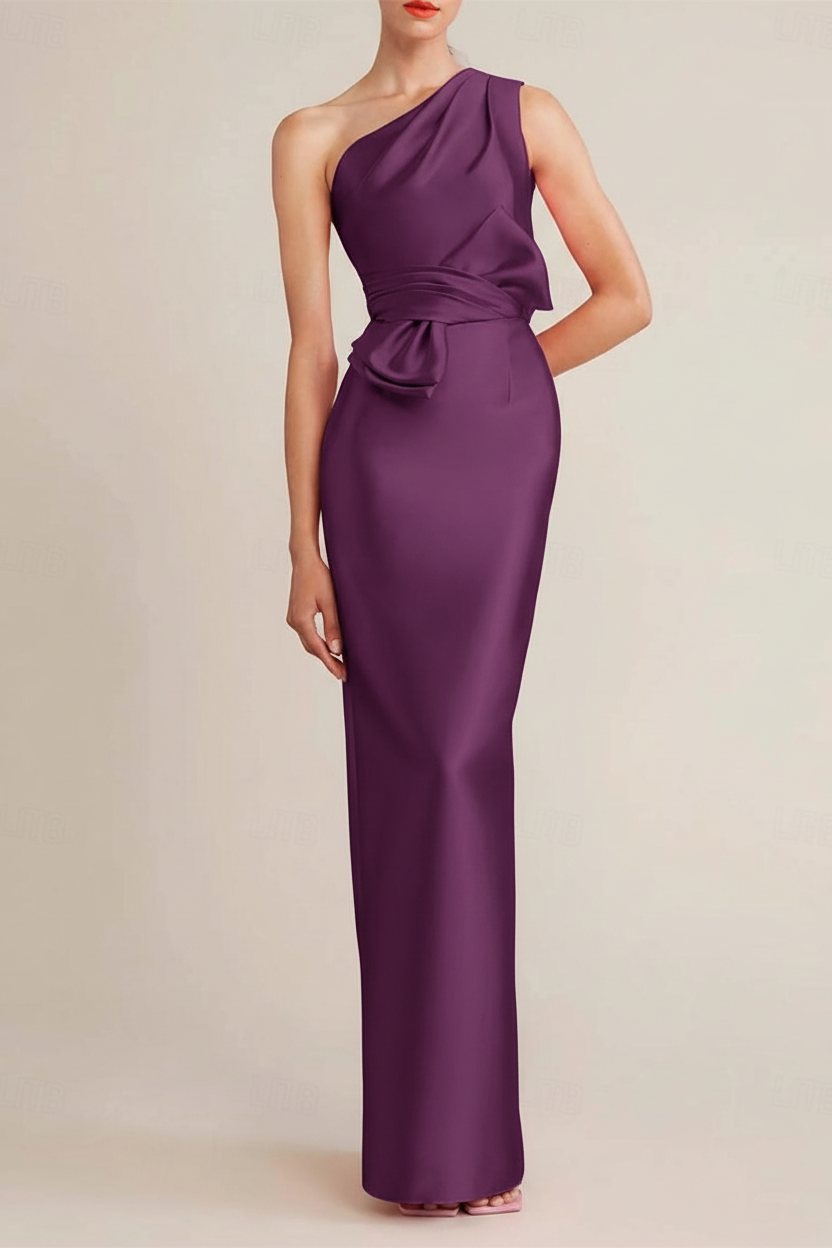 Sheath/Column Floor Length Sleeveless One Shoulder Wedding Guest Dresses Satin with Bow(s) Pocket