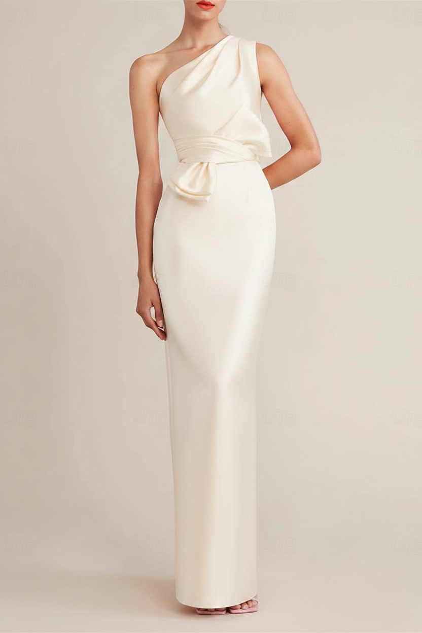 Sheath/Column Floor Length Sleeveless One Shoulder Wedding Guest Dresses Satin with Bow(s) Pocket