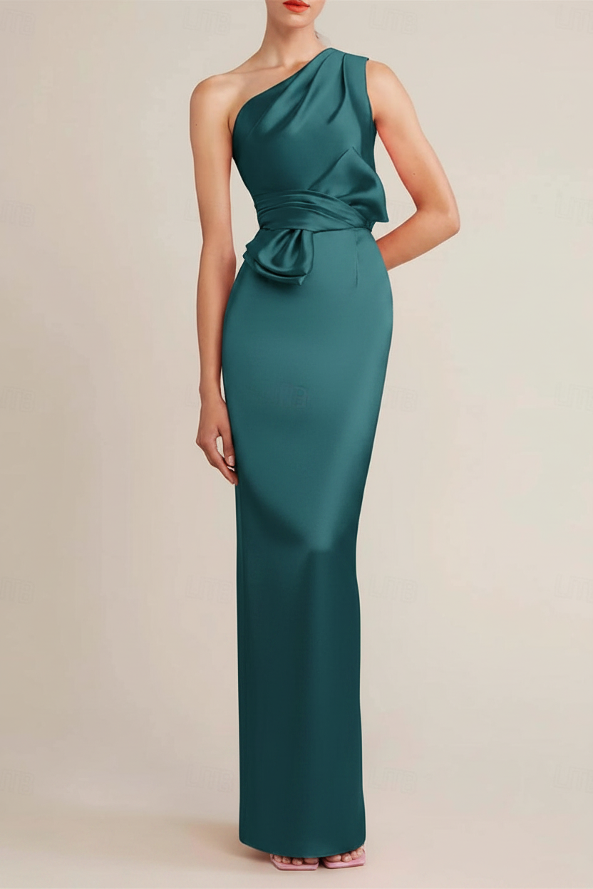Sheath/Column Floor Length Sleeveless One Shoulder Wedding Guest Dresses Satin with Bow(s) Pocket