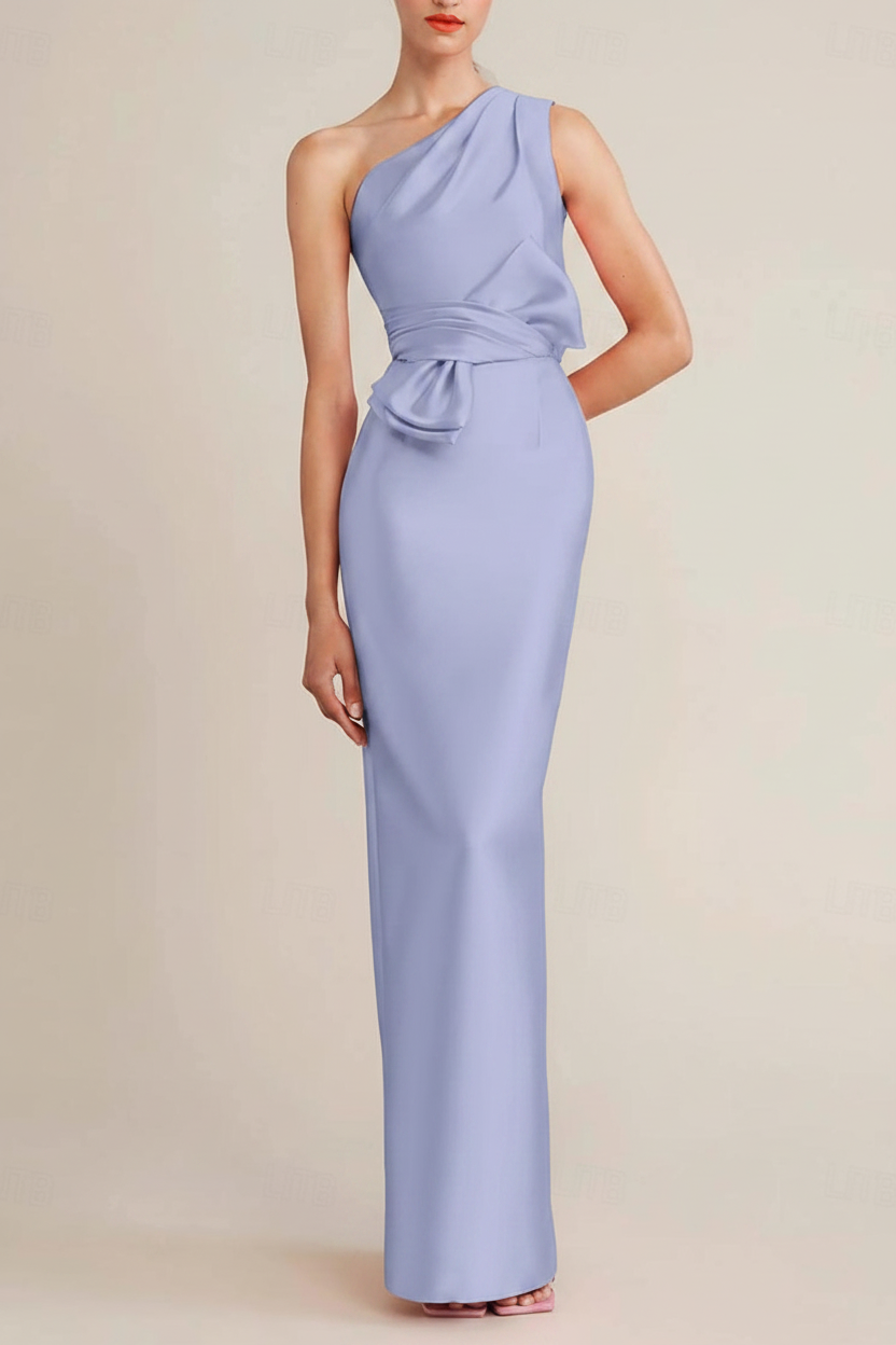 Sheath/Column Floor Length Sleeveless One Shoulder Wedding Guest Dresses Satin with Bow(s) Pocket