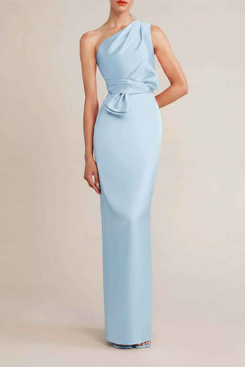 Sheath/Column Floor Length Sleeveless One Shoulder Wedding Guest Dresses Satin with Bow(s) Pocket