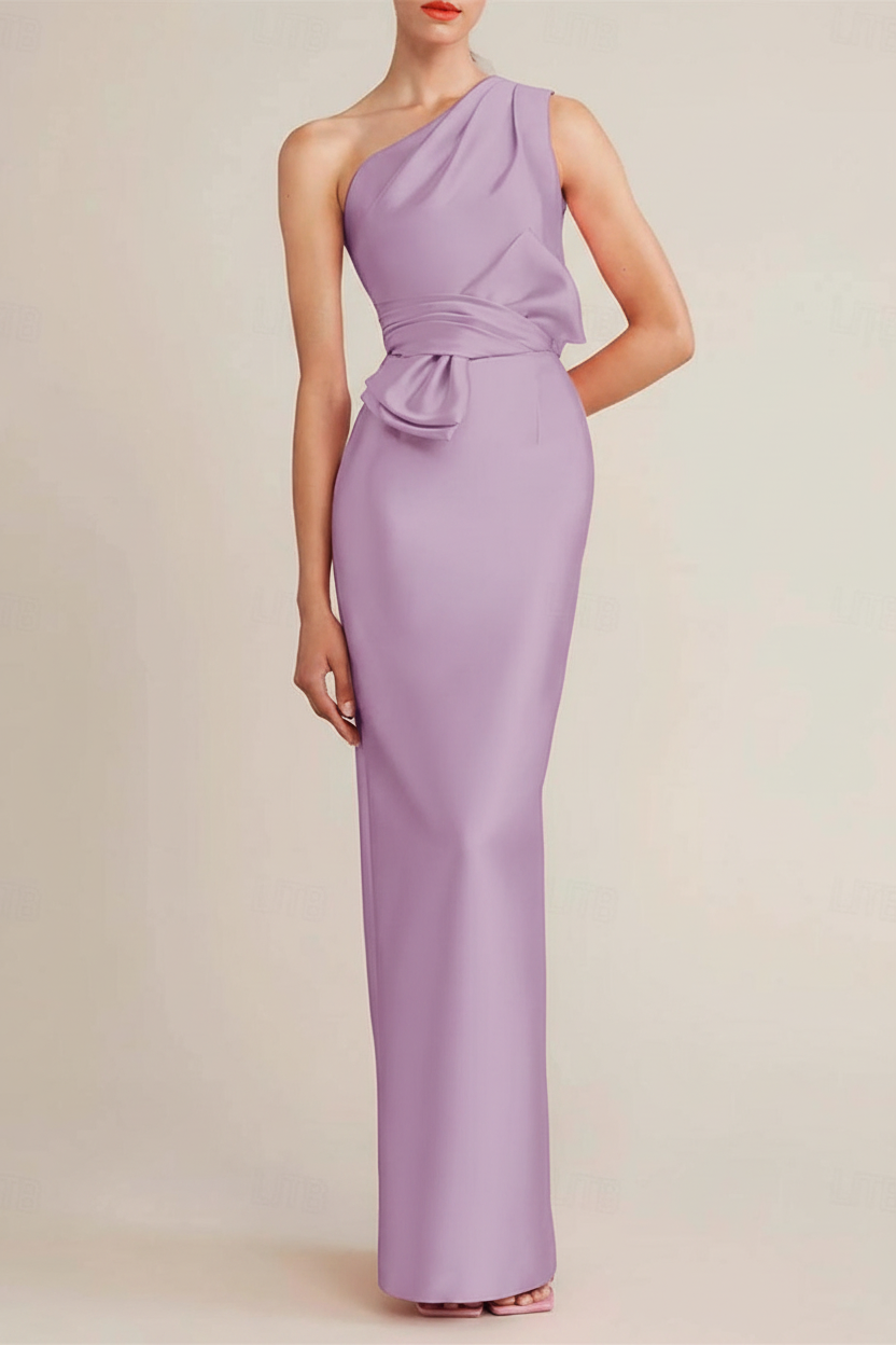 Sheath/Column Floor Length Sleeveless One Shoulder Wedding Guest Dresses Satin with Bow(s) Pocket