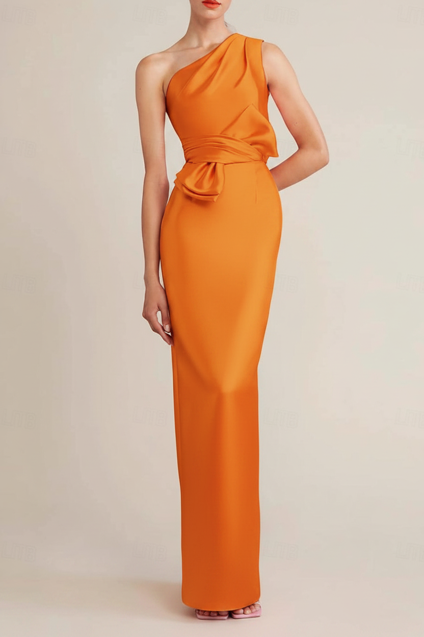 Sheath/Column Floor Length Sleeveless One Shoulder Wedding Guest Dresses Satin with Bow(s) Pocket