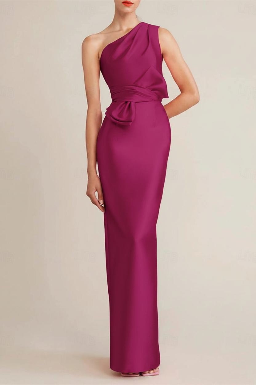 Sheath/Column Floor Length Sleeveless One Shoulder Wedding Guest Dresses Satin with Bow(s) Pocket