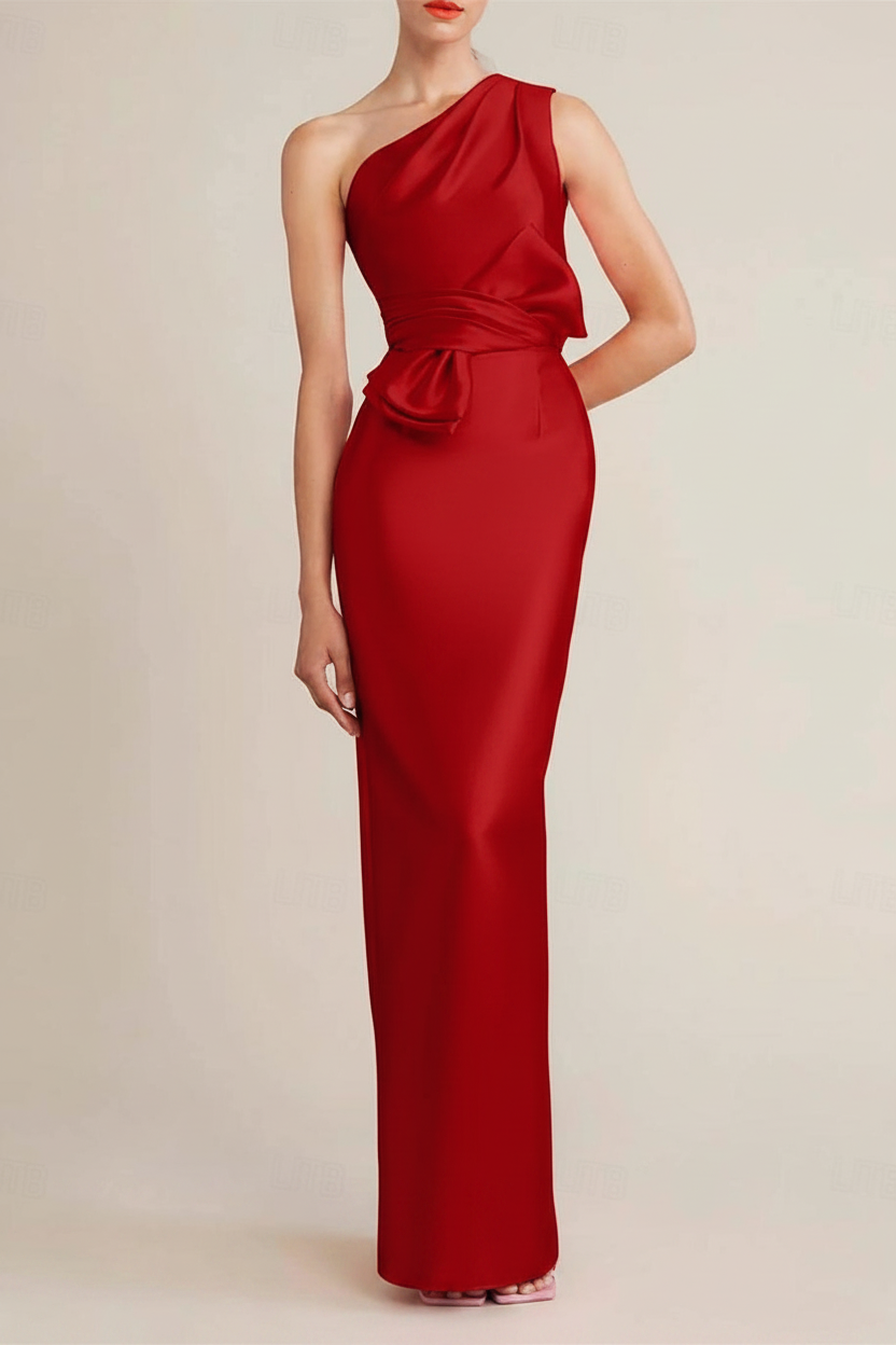 Sheath/Column Floor Length Sleeveless One Shoulder Wedding Guest Dresses Satin with Bow(s) Pocket