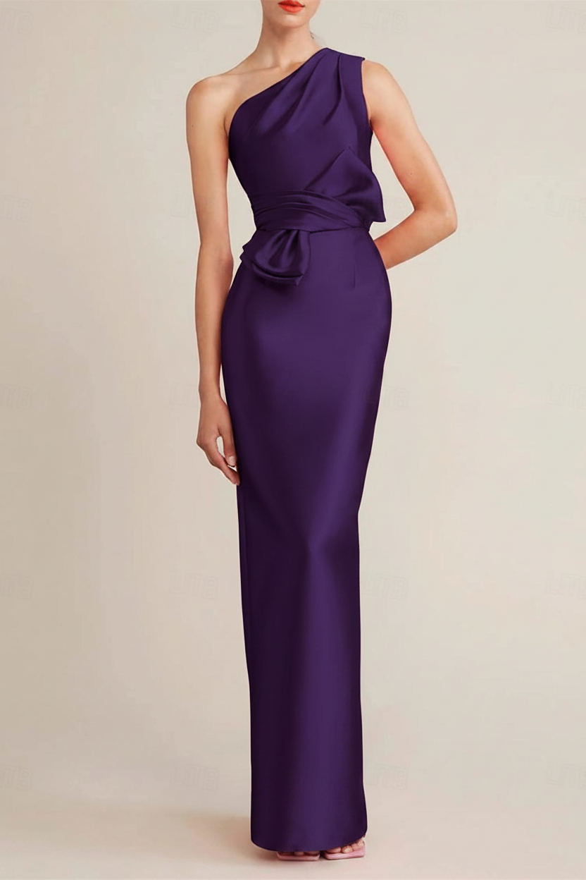 Sheath/Column Floor Length Sleeveless One Shoulder Wedding Guest Dresses Satin with Bow(s) Pocket