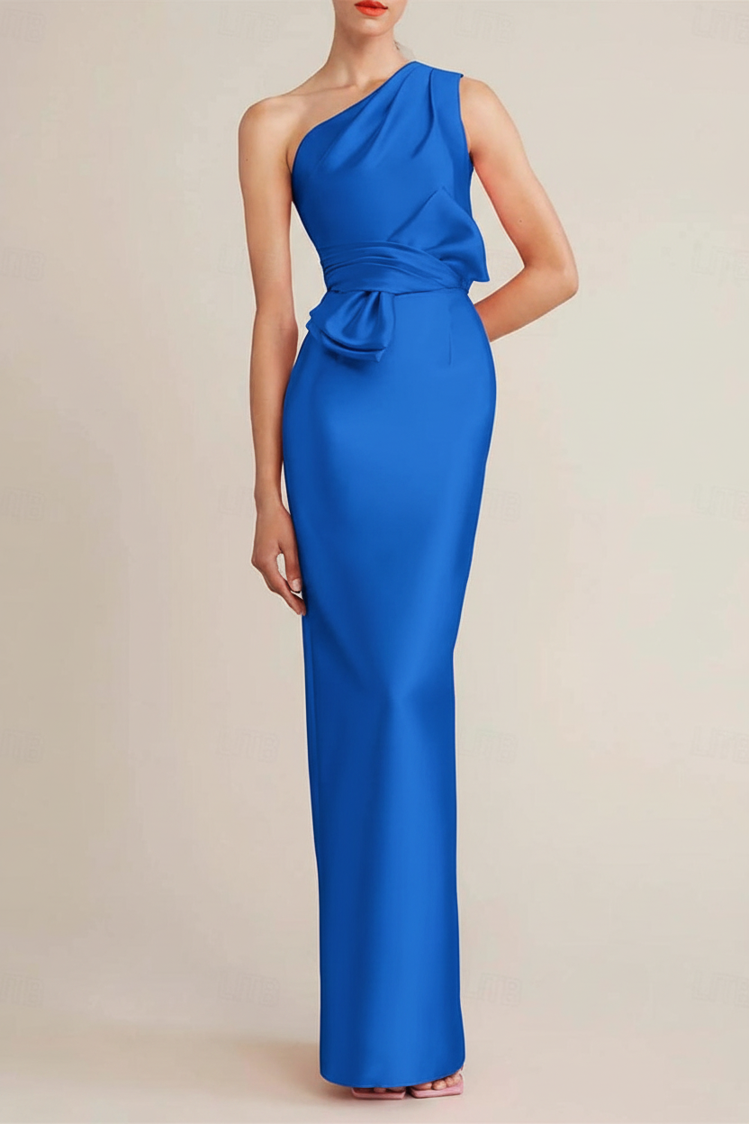 Sheath/Column Floor Length Sleeveless One Shoulder Wedding Guest Dresses Satin with Bow(s) Pocket