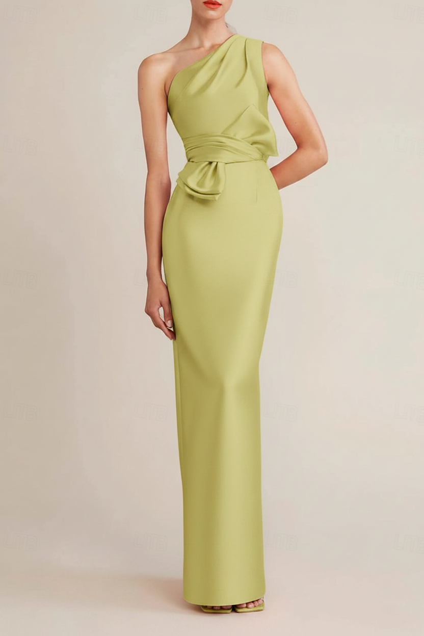 Sheath/Column Floor Length Sleeveless One Shoulder Wedding Guest Dresses Satin with Bow(s) Pocket