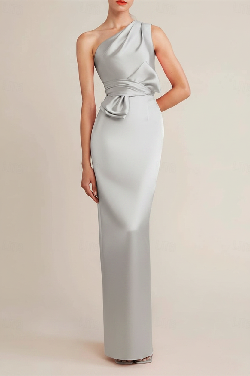 Sheath/Column Floor Length Sleeveless One Shoulder Wedding Guest Dresses Satin with Bow(s) Pocket
