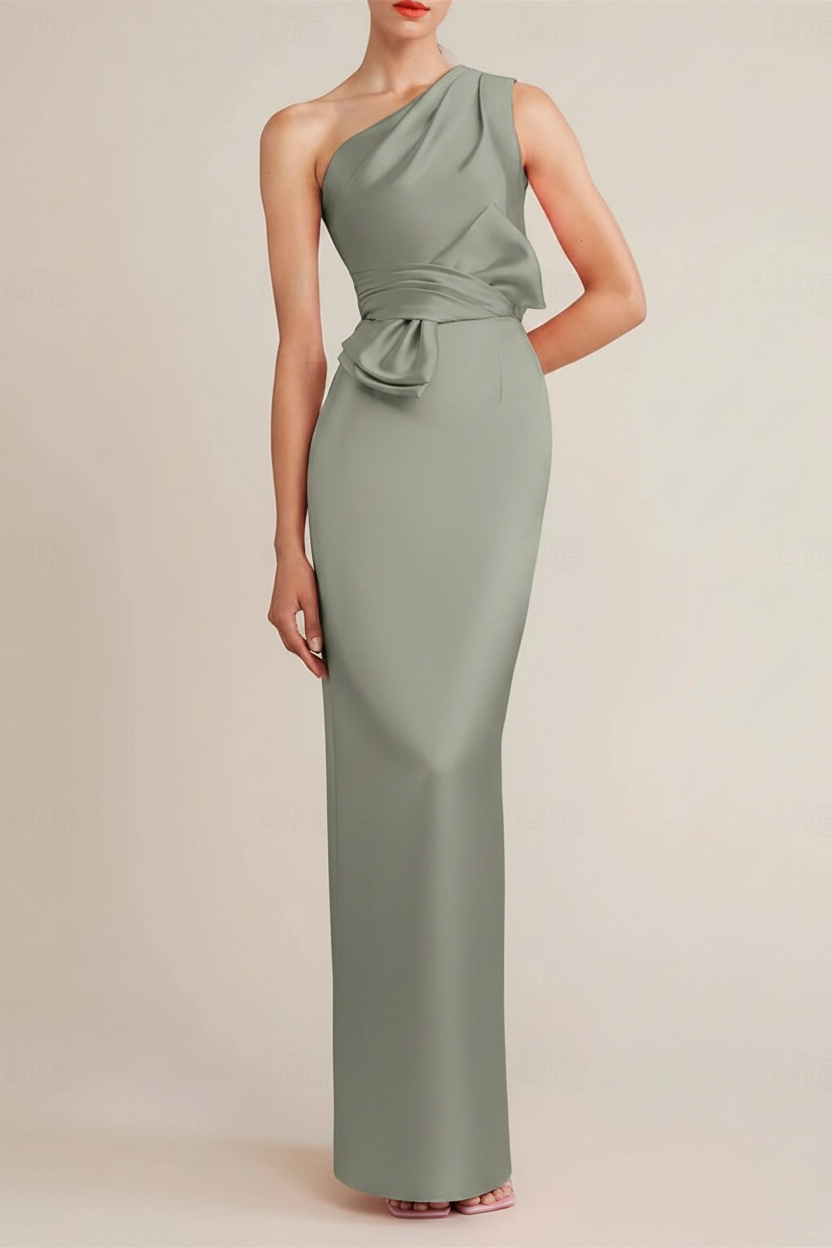 Sheath/Column Floor Length Sleeveless One Shoulder Wedding Guest Dresses Satin with Bow(s) Pocket