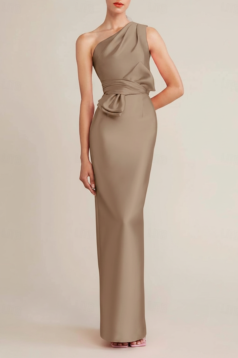 Sheath/Column Floor Length Sleeveless One Shoulder Wedding Guest Dresses Satin with Bow(s) Pocket