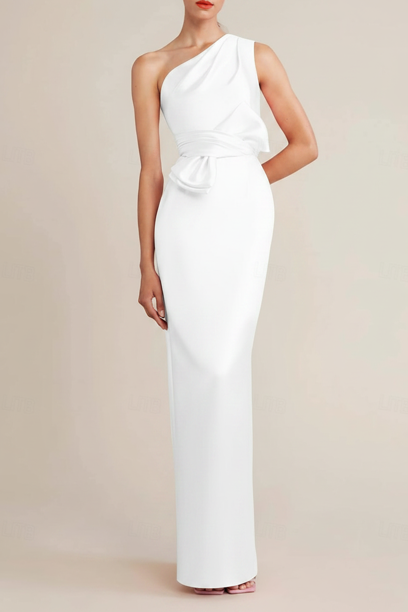 Sheath/Column Floor Length Sleeveless One Shoulder Wedding Guest Dresses Satin with Bow(s) Pocket