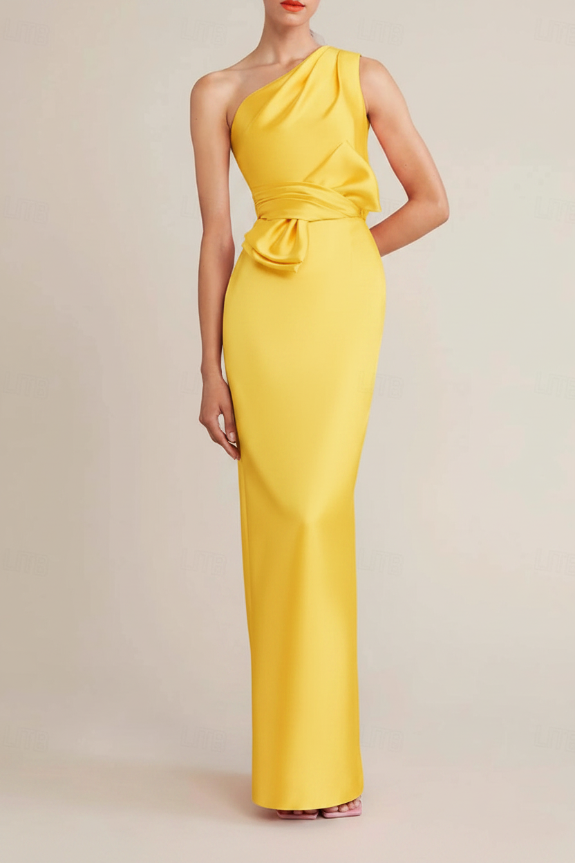 Sheath/Column Floor Length Sleeveless One Shoulder Wedding Guest Dresses Satin with Bow(s) Pocket