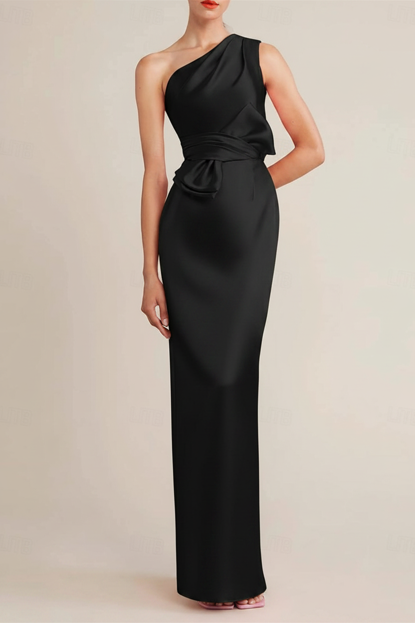 Sheath/Column Floor Length Sleeveless One Shoulder Wedding Guest Dresses Satin with Bow(s) Pocket