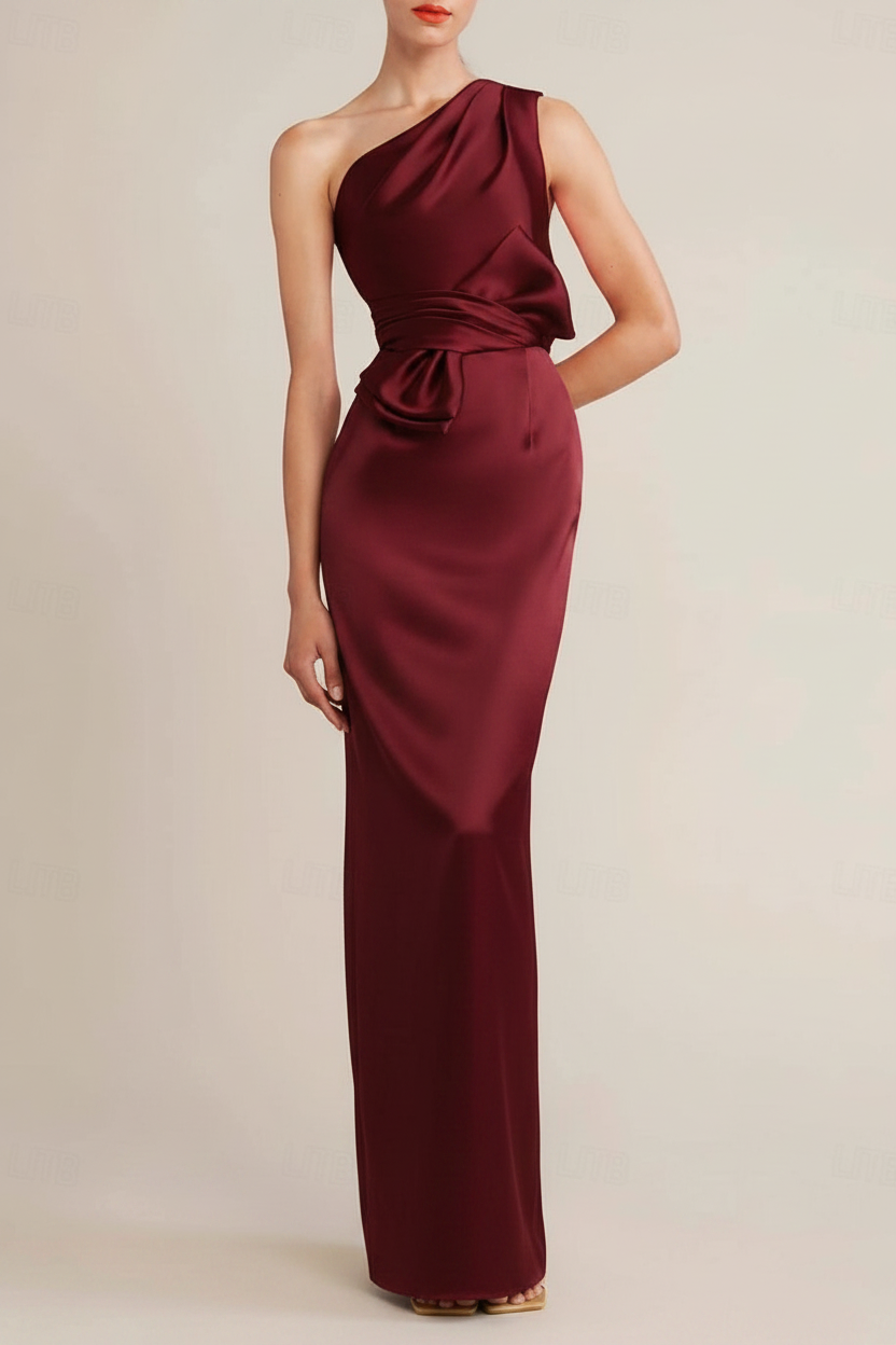 Sheath/Column Floor Length Sleeveless One Shoulder Wedding Guest Dresses Satin with Bow(s) Pocket