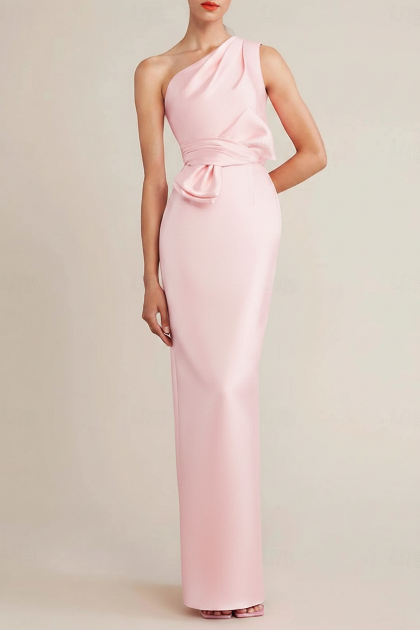 Sheath/Column Floor Length Sleeveless One Shoulder Wedding Guest Dresses Satin with Bow(s) Pocket