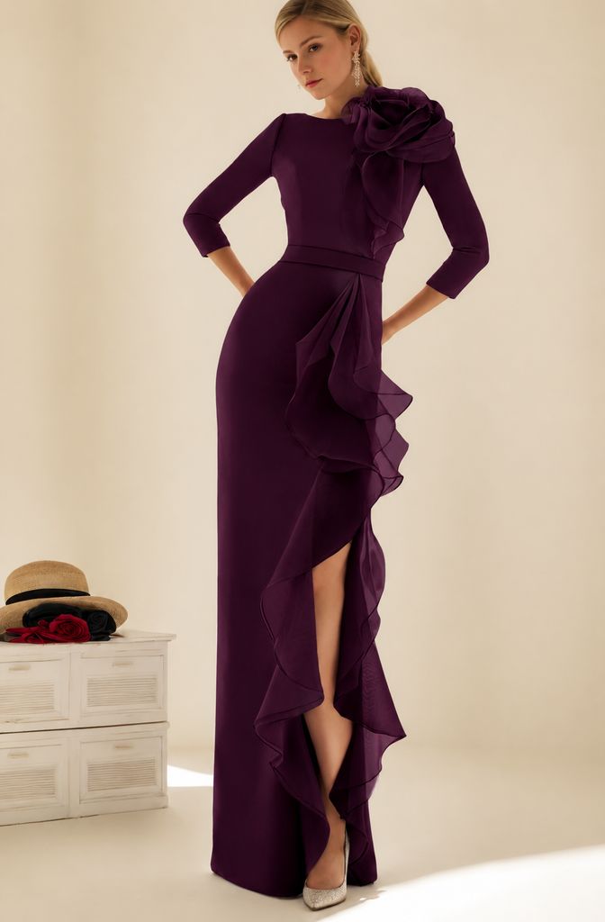 Sheath/Column Jewel Neck 3/4 Length Sleeves Floor-Length Long Mother of the Bride dresses with Ruffles