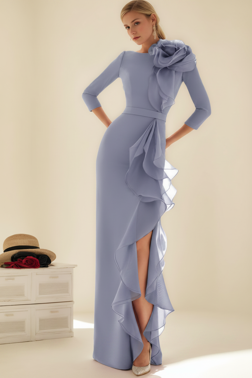 Sheath/Column Jewel Neck 3/4 Length Sleeves Floor-Length Long Mother of the Bride dresses with Ruffles