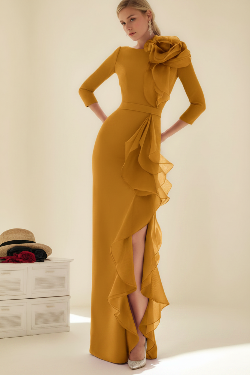 Sheath/Column Jewel Neck 3/4 Length Sleeves Floor-Length Long Mother of the Bride dresses with Ruffles