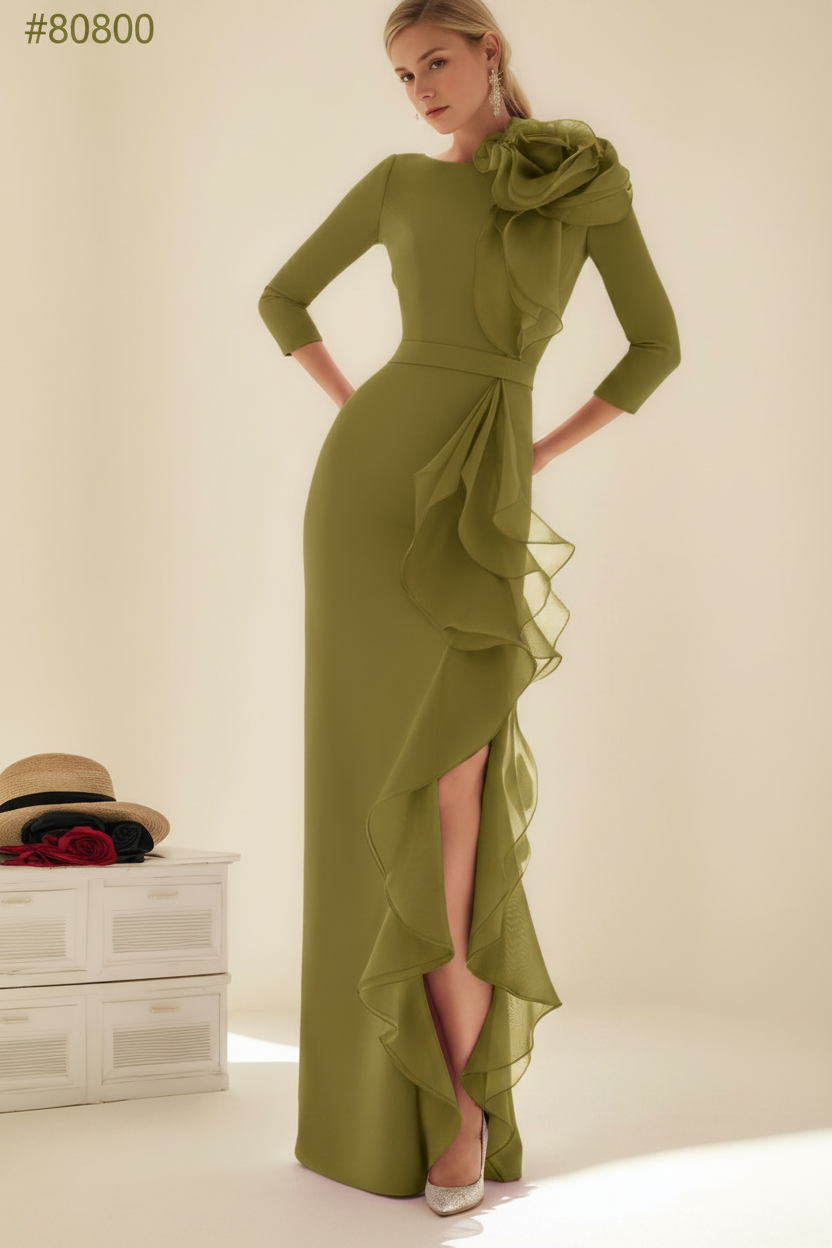 Sheath/Column Jewel Neck 3/4 Length Sleeves Floor-Length Long Mother of the Bride dresses with Ruffles