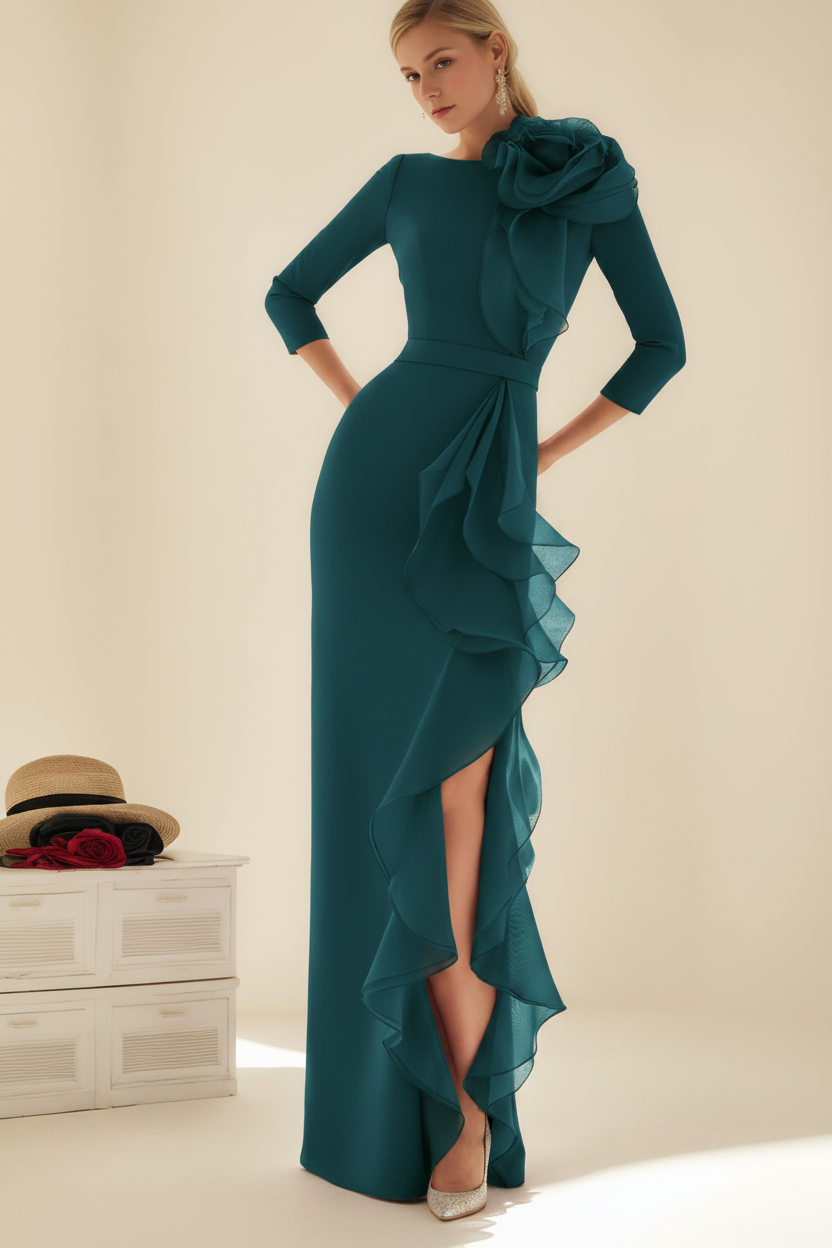 Sheath/Column Jewel Neck 3/4 Length Sleeves Floor-Length Long Mother of the Bride dresses with Ruffles