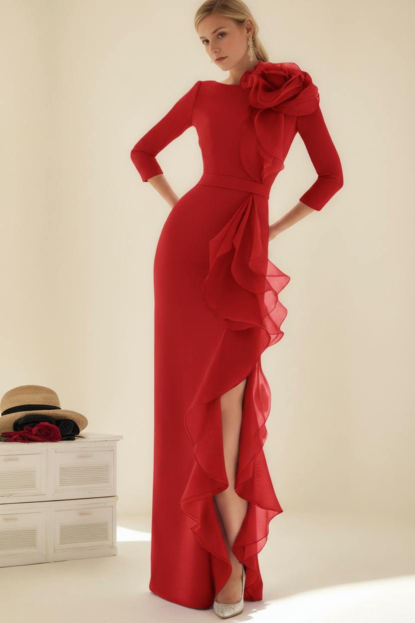 Sheath/Column Jewel Neck 3/4 Length Sleeves Floor-Length Long Mother of the Bride dresses with Ruffles