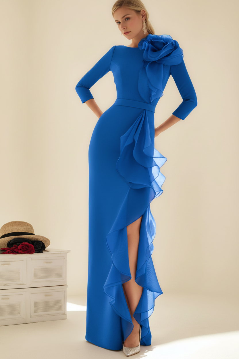 Sheath/Column Jewel Neck 3/4 Length Sleeves Floor-Length Long Mother of the Bride dresses with Ruffles