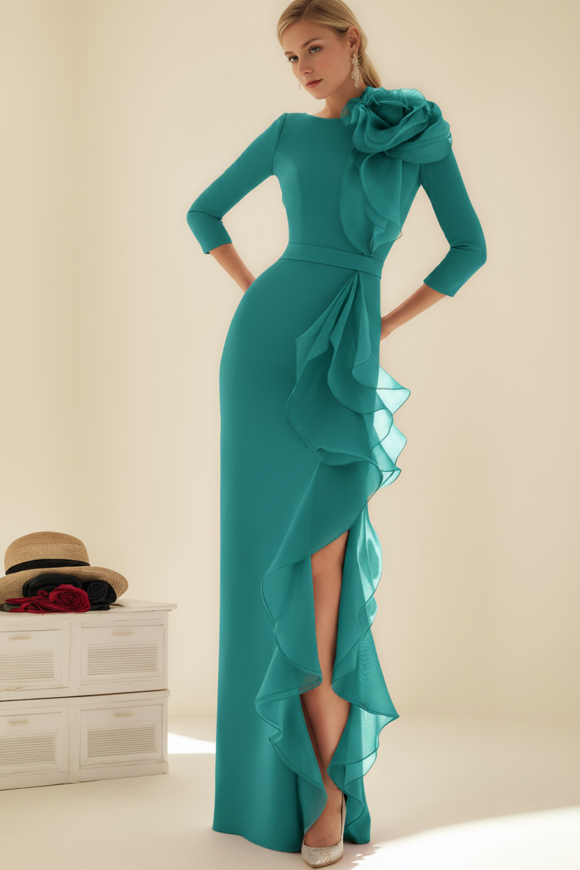 Sheath/Column Jewel Neck 3/4 Length Sleeves Floor-Length Long Mother of the Bride dresses with Ruffles