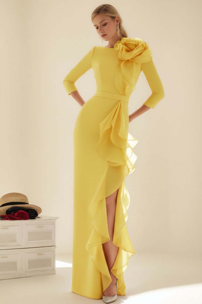 Sheath/Column Jewel Neck 3/4 Length Sleeves Floor-Length Long Mother of the Bride dresses with Ruffles