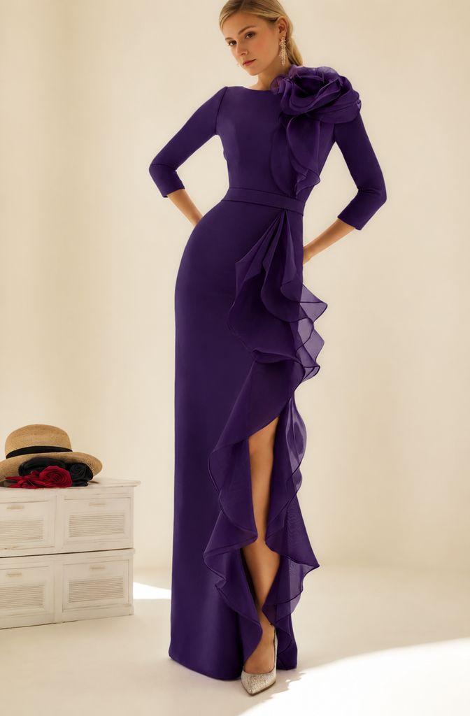 Sheath/Column Jewel Neck 3/4 Length Sleeves Floor-Length Long Mother of the Bride dresses with Ruffles