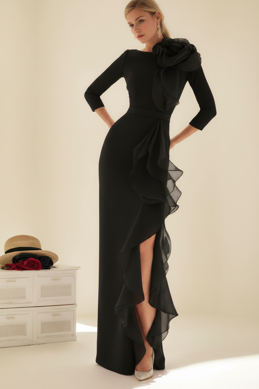 Sheath/Column Jewel Neck 3/4 Length Sleeves Floor-Length Long Mother of the Bride dresses with Ruffles
