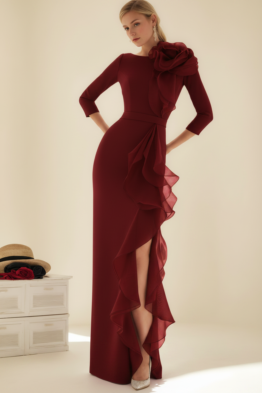 Sheath/Column Jewel Neck 3/4 Length Sleeves Floor-Length Long Mother of the Bride dresses with Ruffles