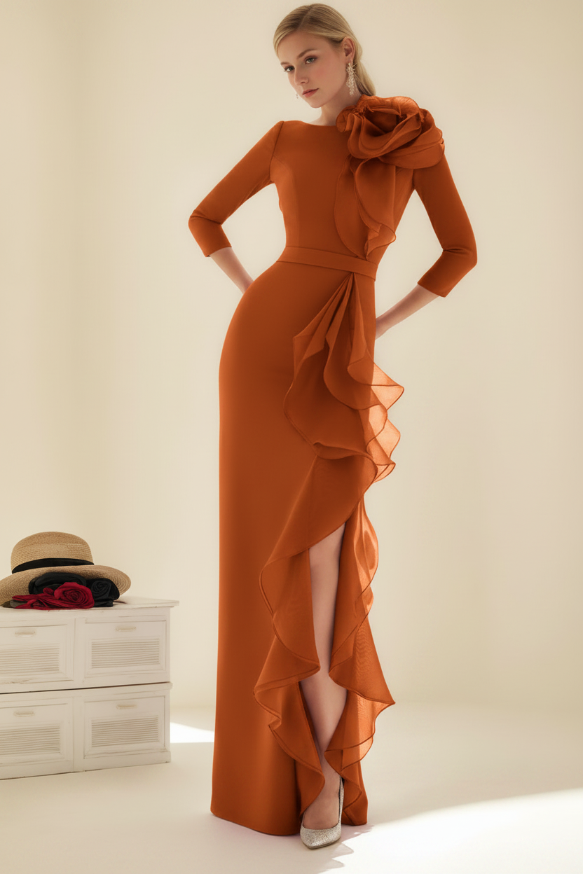 Sheath/Column Jewel Neck 3/4 Length Sleeves Floor-Length Long Mother of the Bride dresses with Ruffles