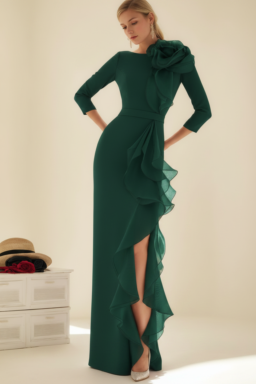 Sheath/Column Jewel Neck 3/4 Length Sleeves Floor-Length Long Mother of the Bride dresses with Ruffles