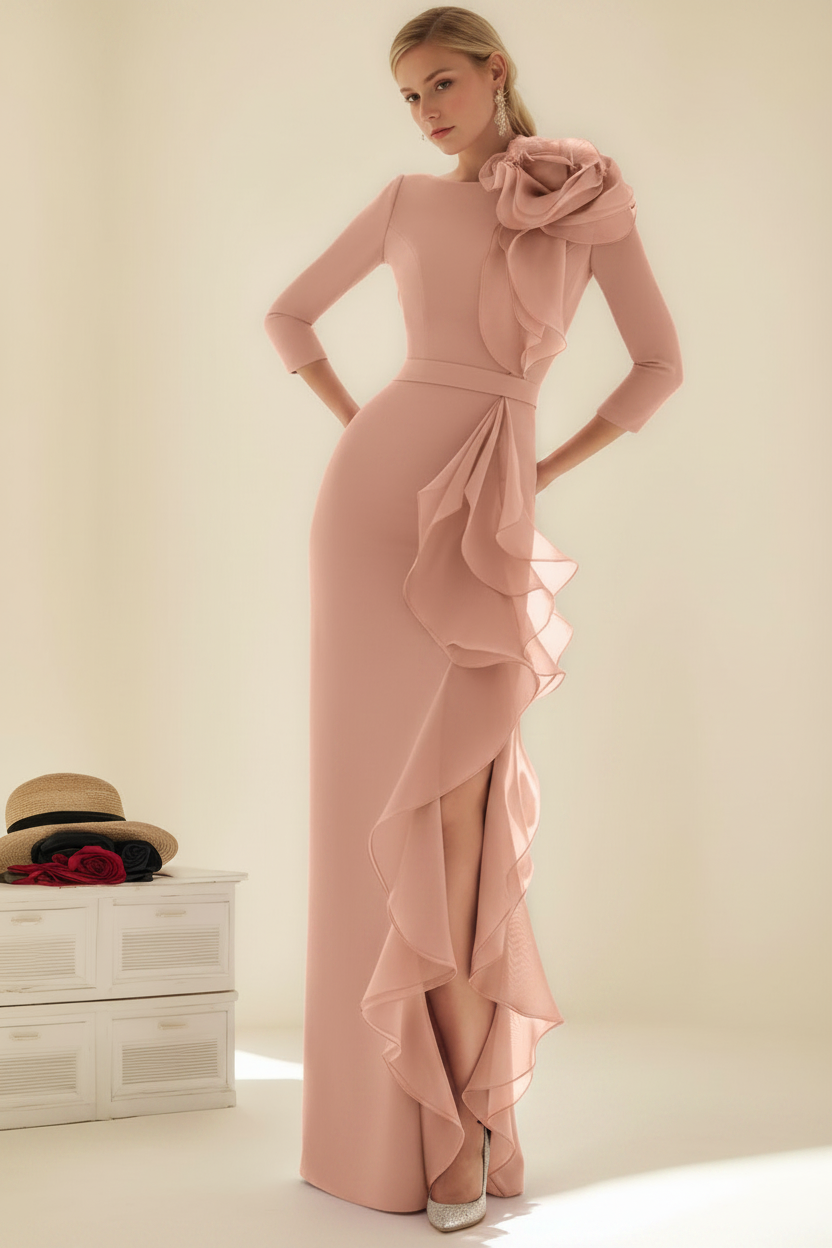 Sheath/Column Jewel Neck 3/4 Length Sleeves Floor-Length Long Mother of the Bride dresses with Ruffles